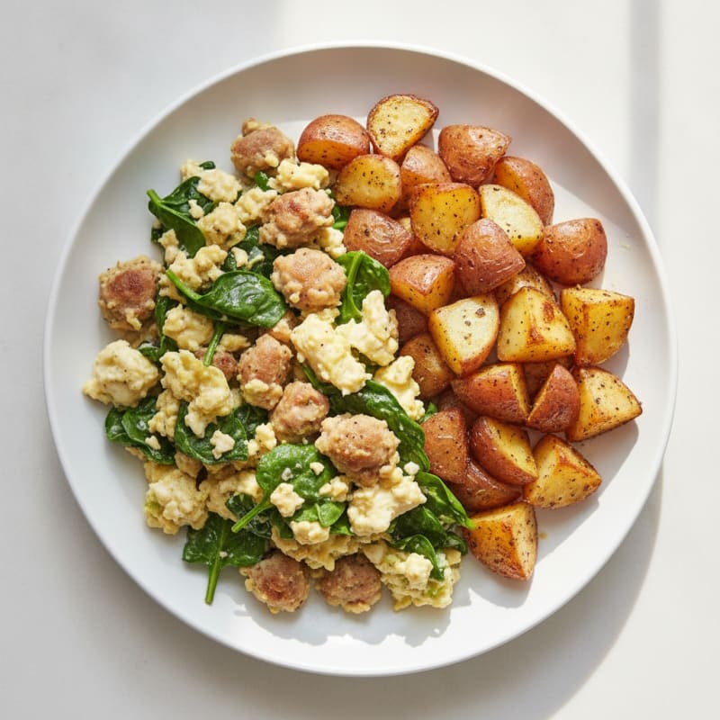 Egg White and Chicken Sausage Scramble with Roasted Potatoes