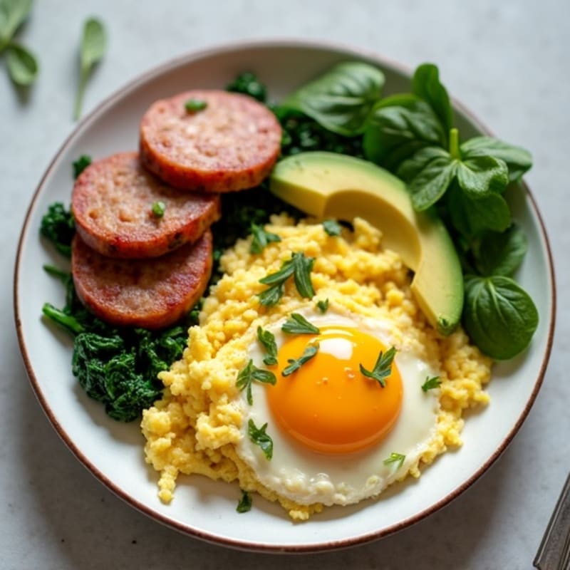 Scrambled Eggs with Turkey Sausage and Sautéed Spinach