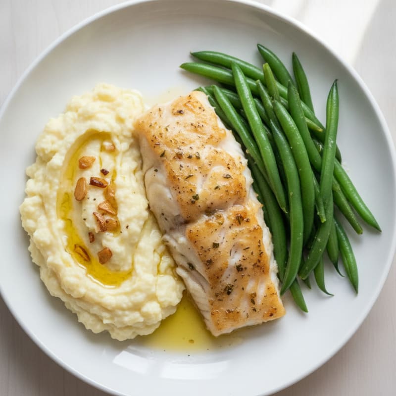 Baked Cod with Steamed Green Beans and Garlic Mashed Cauliflower