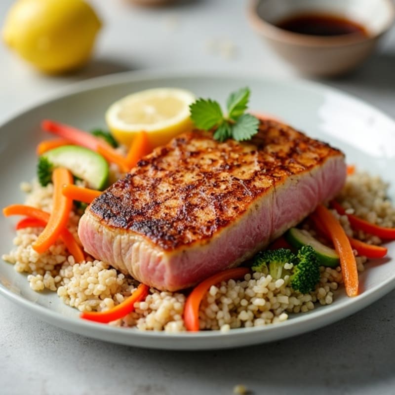 Fresh Tuna with Sesame-Ginger Crisp Vegetables and Brown Rice
