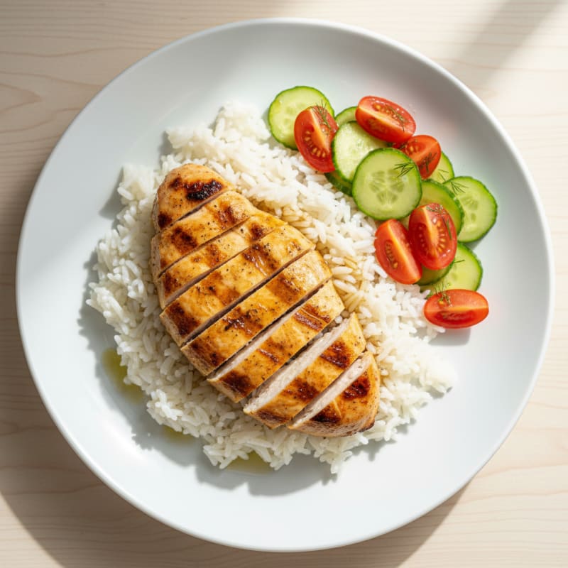 Grilled Chicken Breast with Jasmine Rice and Tomato-Cucumber Salad