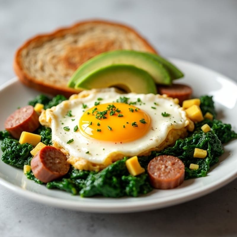 Egg White Scramble with Turkey Sausage and Sautéed Spinach