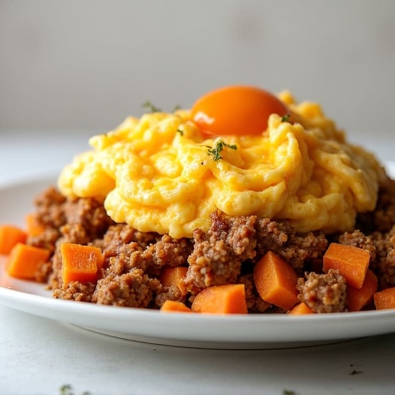 Hearty Ground Turkey and Sweet Potato Hash with Cheesy Scrambled Eggs and Fluffy Protein Pancakes