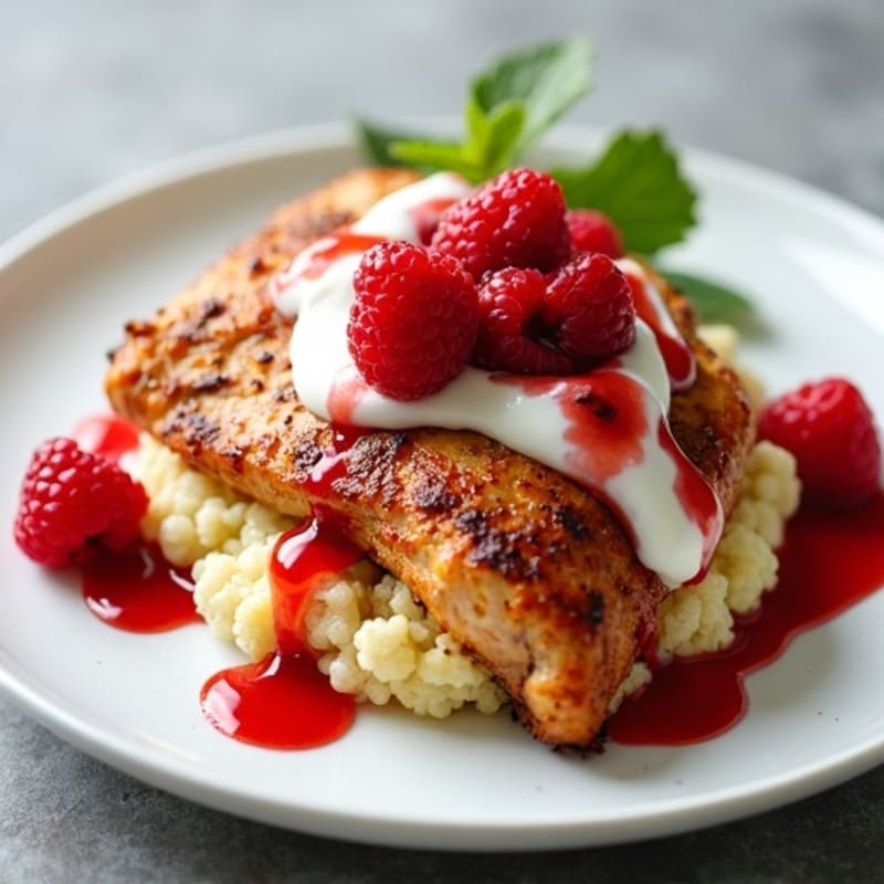 Pan-Seared Chicken with Creamy Cauliflower Puree and Fresh Raspberry Drizzle