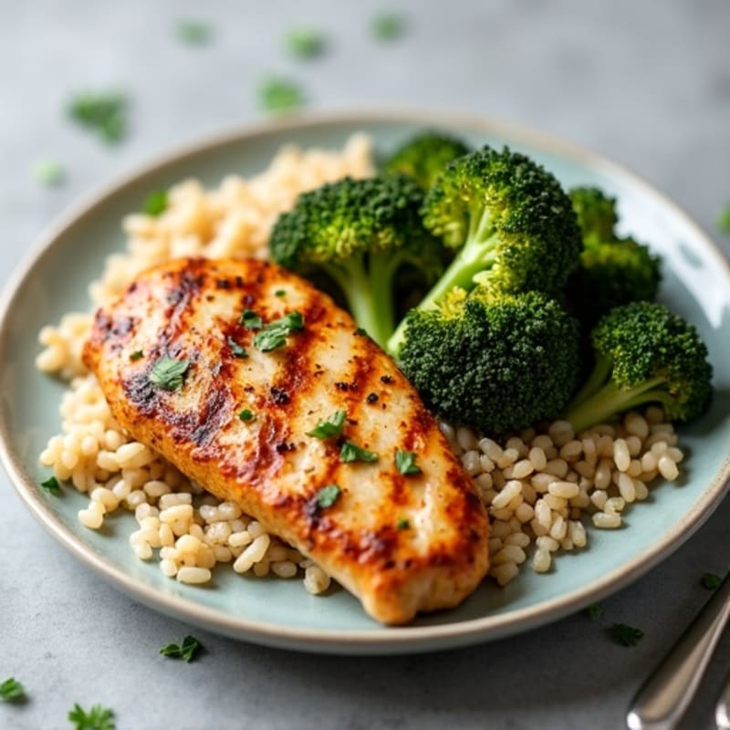 Grilled Chicken Breast with Brown Rice and Roasted Broccoli