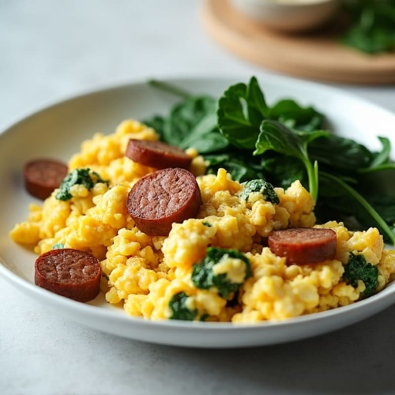Cottage Cheese Scramble with Chicken Sausage and Spinach