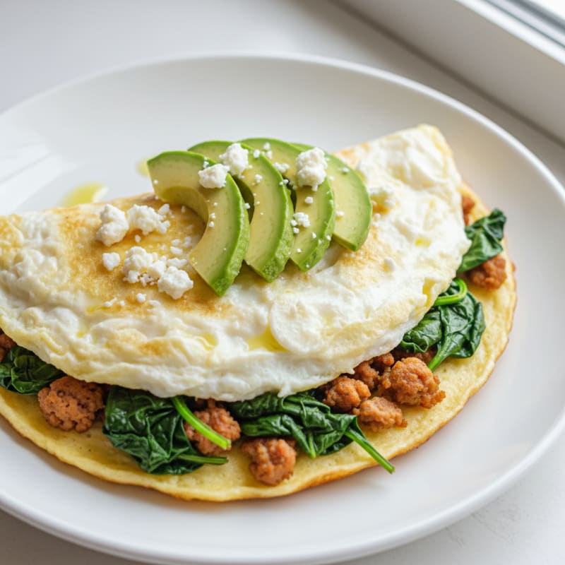 Egg White Omelette with Turkey Sausage and Sautéed Spinach