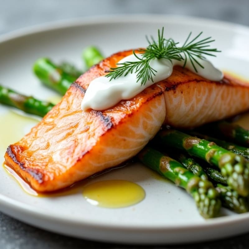 Seared Salmon with Asparagus and Lemon Dill Yogurt Sauce