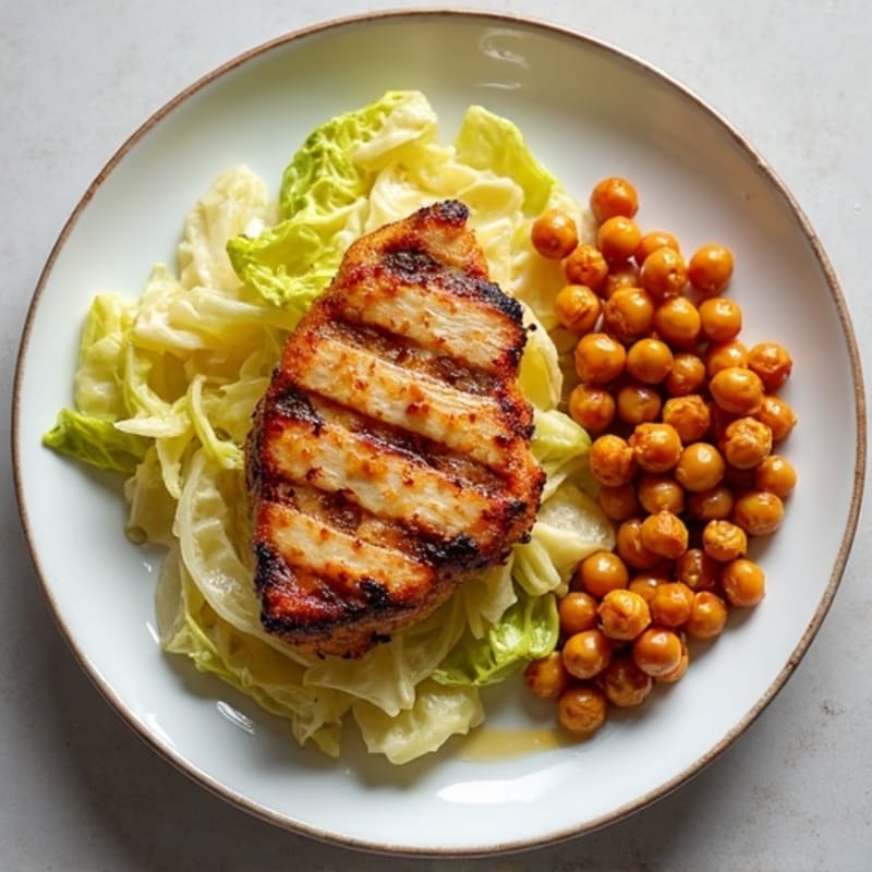 Crispy Honey-Garlic Cabbage Steaks with Chicken & Roasted Chickpeas