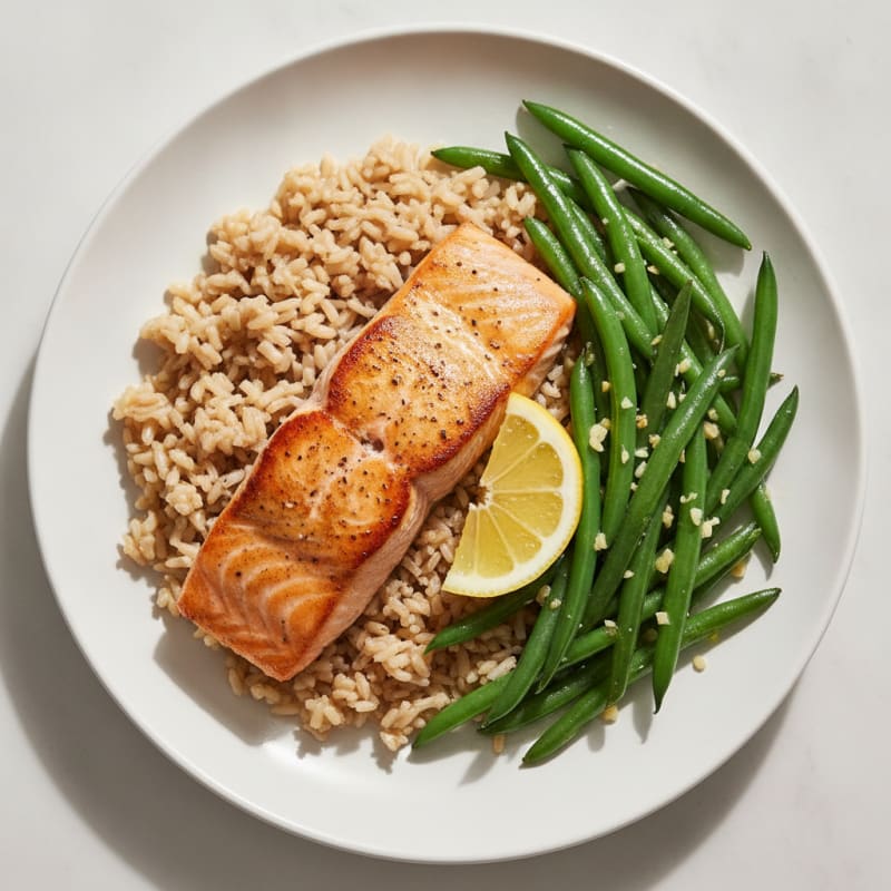Seared Salmon Fillet with Garlic Green Beans and Brown Rice