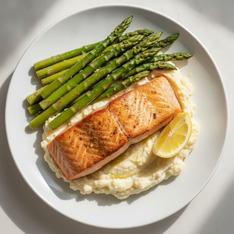 Seared Salmon with Steamed Asparagus and Cauliflower Mash