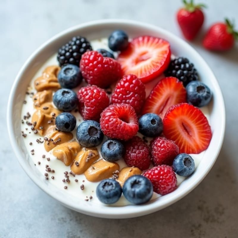 Greek Yogurt Bowl with Mixed Berries, Almond Butter, and Chia Seeds