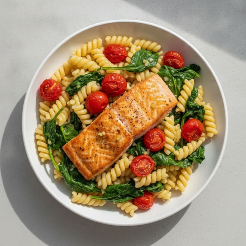 Seared Salmon Pasta with Spinach and Cherry Tomatoes