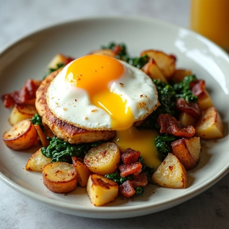 Egg and Bacon Potato Hash with Spinach and Seared Chicken