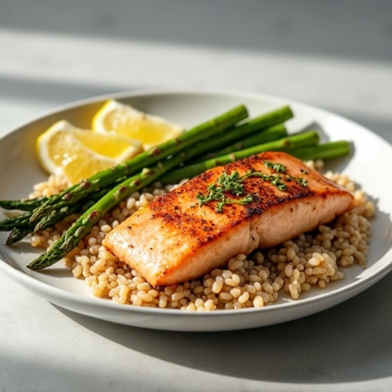 Seared Salmon with Steamed Asparagus and Brown Rice