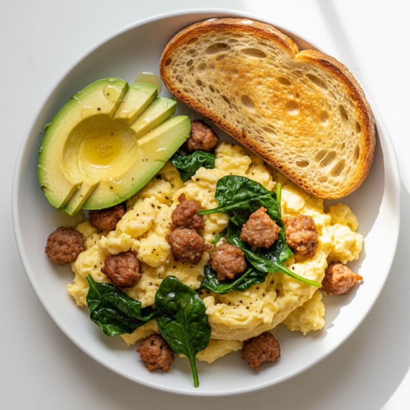 Fluffy Scrambled Eggs with Turkey Sausage and Sautéed Spinach