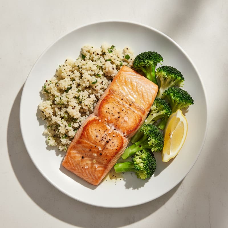 Seared Salmon Fillet with Steamed Broccoli and Quinoa
