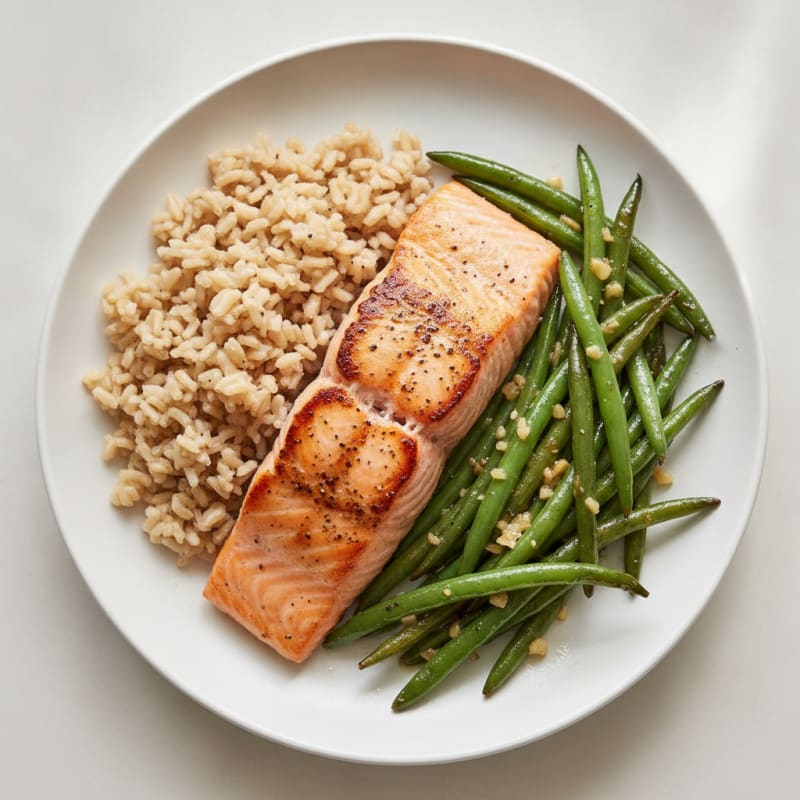 Seared Salmon with Garlic Green Beans and Brown Rice