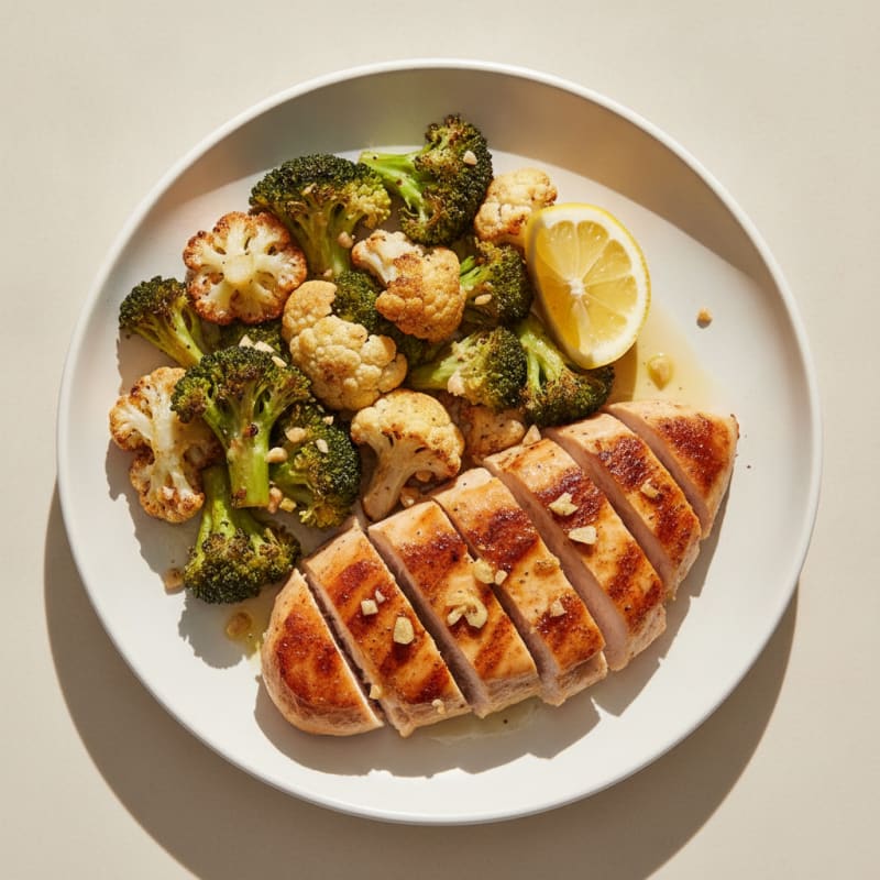 Seared Chicken with Roasted Broccoli and Cauliflower
