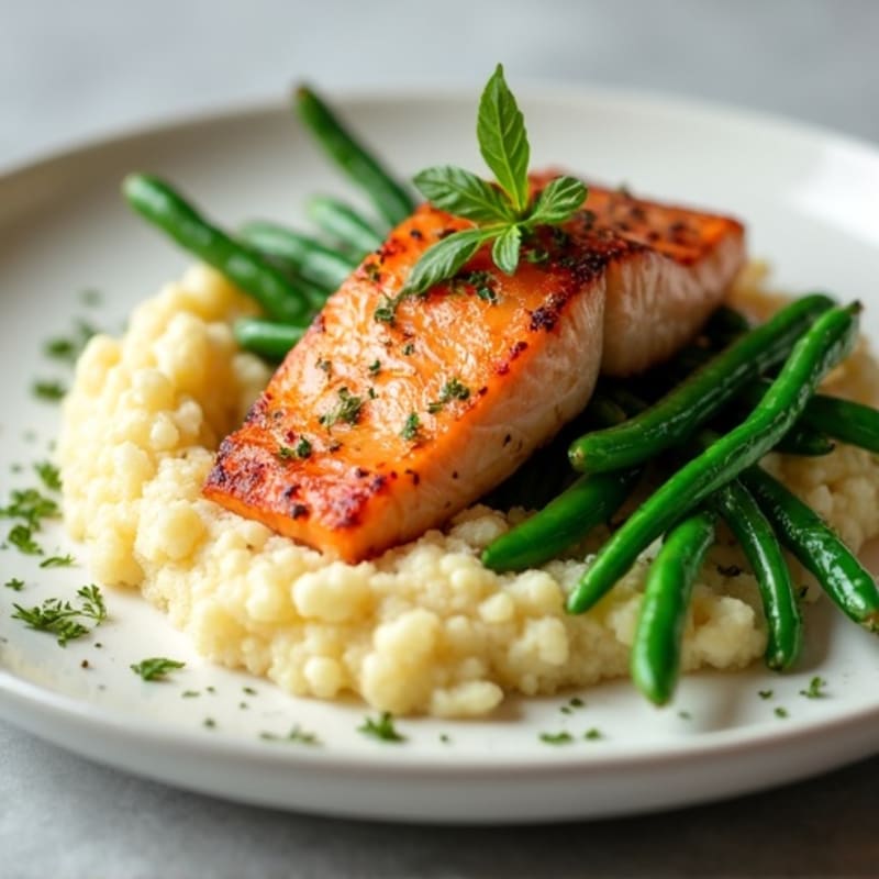 Seared Salmon with Garlic Green Beans and Cauliflower Mash