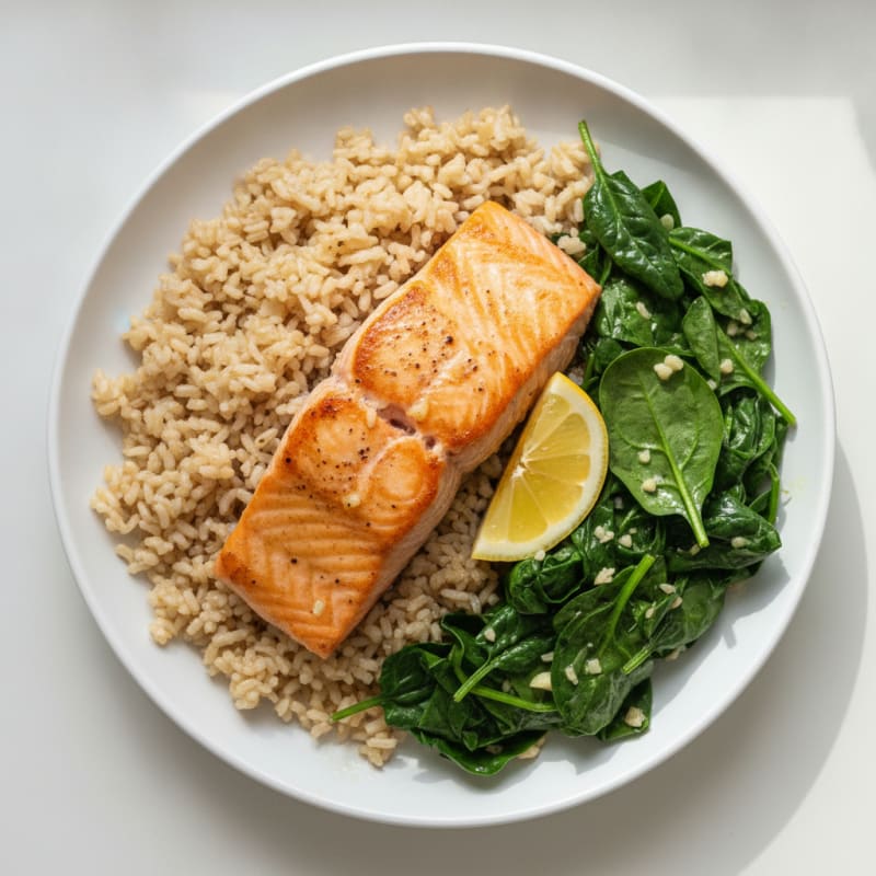 Pan-Seared Salmon with Garlic Spinach and Brown Rice