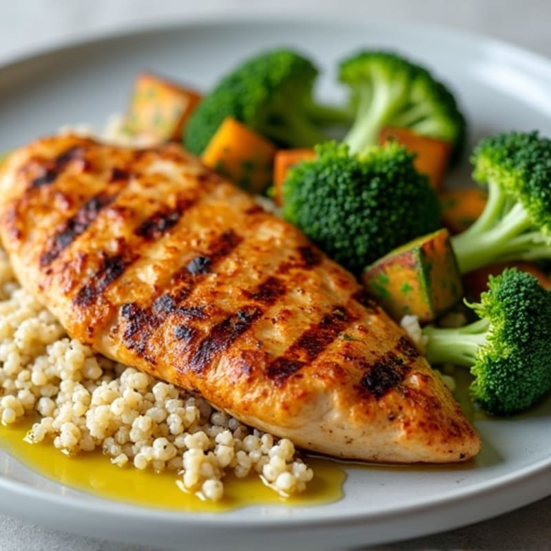 Grilled Chicken Breast with Quinoa, Roasted Broccoli, and Sweet Potato