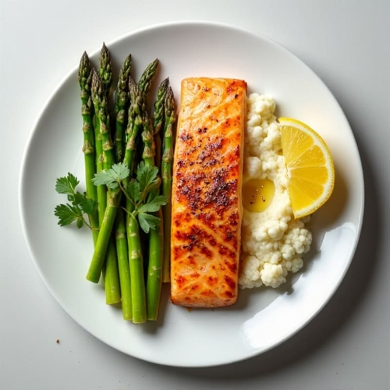 Seared Salmon with Steamed Asparagus and Cauliflower Mash