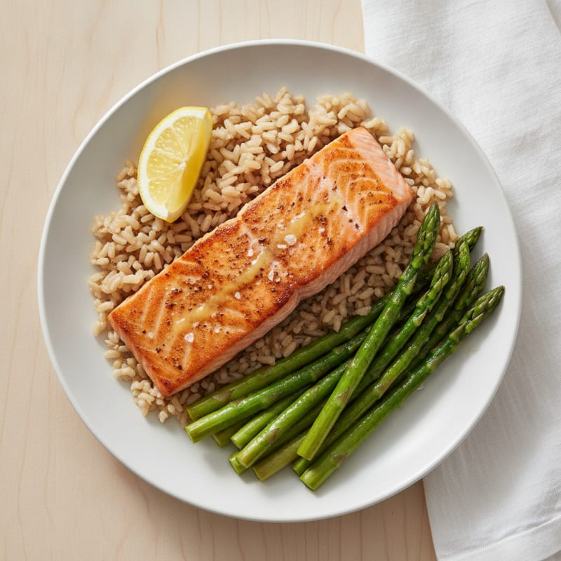 Seared Salmon with Steamed Asparagus and Brown Rice