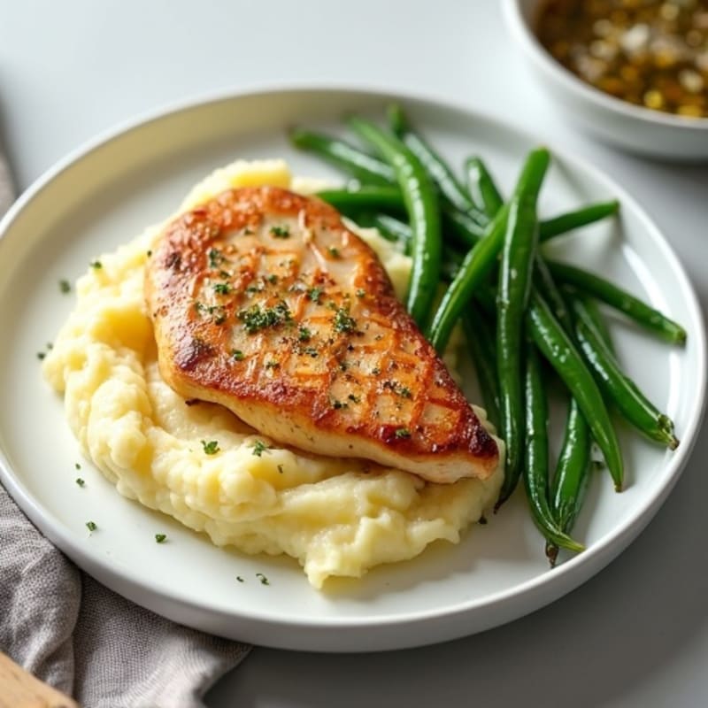 Pan-Seared Chicken with Creamy Garlic Mashed Potatoes and Roasted Green Beans