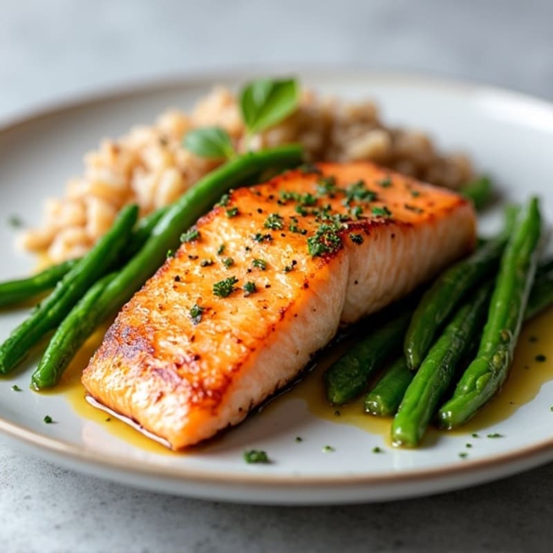 Seared Salmon with Steamed Green Beans and Brown Rice