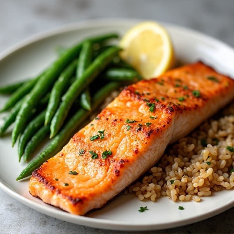 Seared Salmon Fillet with Garlic Green Beans and Brown Rice