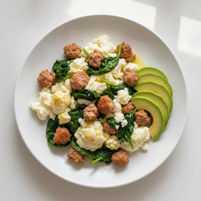 Egg White Scramble with Turkey Sausage and Sautéed Spinach