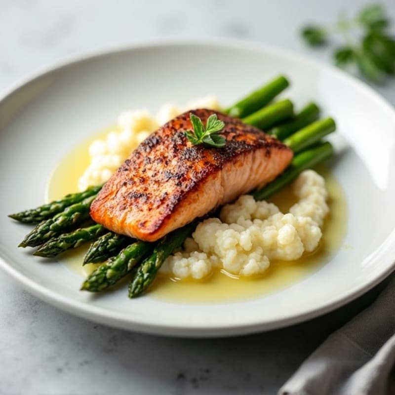 Seared Salmon with Steamed Asparagus and Cauliflower Mash