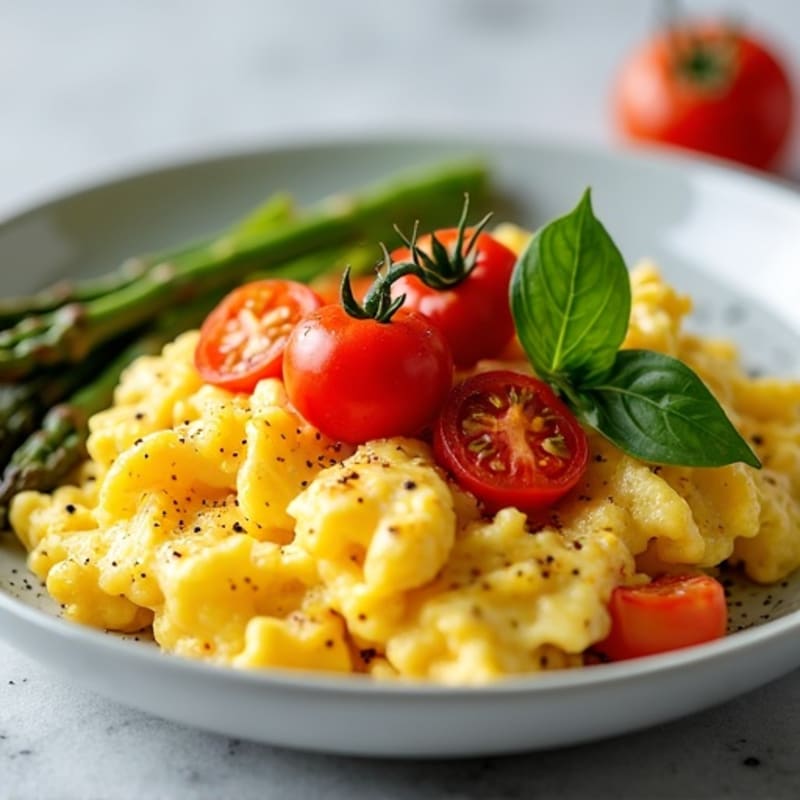 Savory Scrambled Eggs with Roasted Asparagus and Cherry Tomatoes