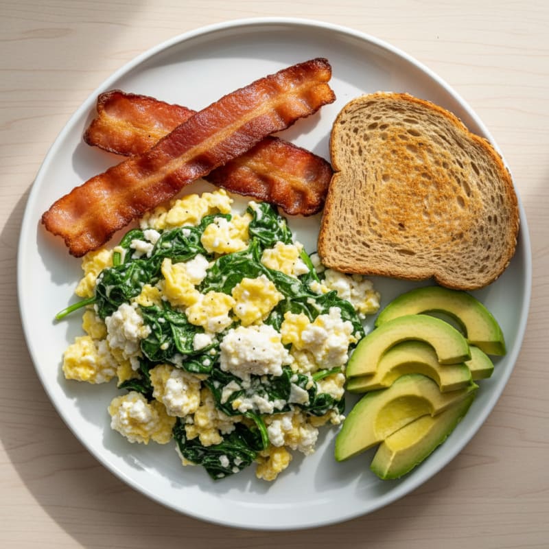 Cottage Cheese Scramble with Spinach and Turkey Bacon