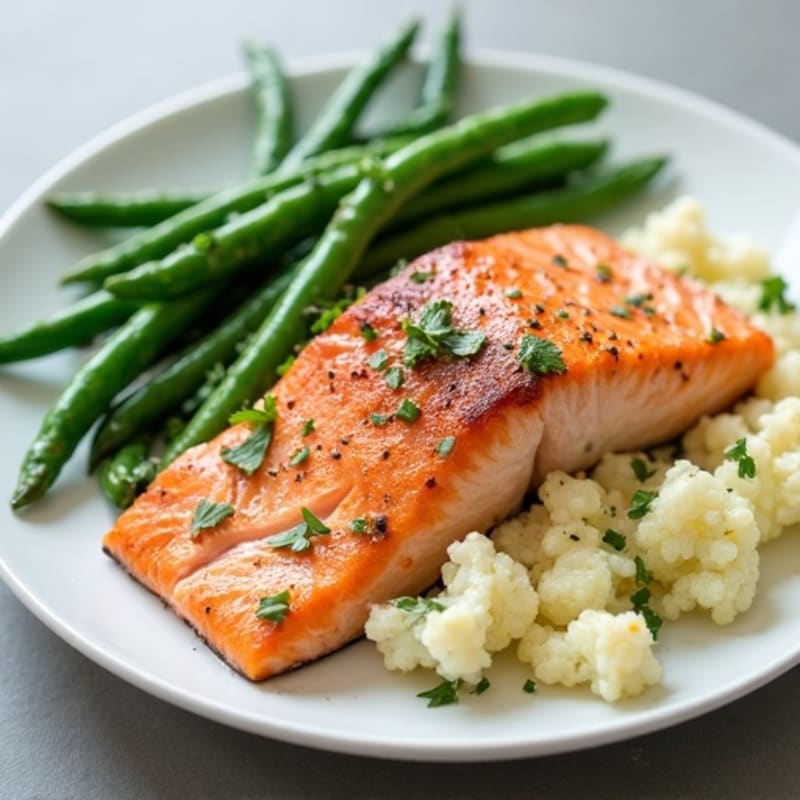 Seared Salmon with Steamed Green Beans and Garlic Mashed Cauliflower