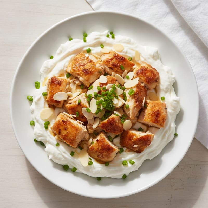 Creamy Greek Yogurt Protein Pudding with Chopped Chicken and Almonds