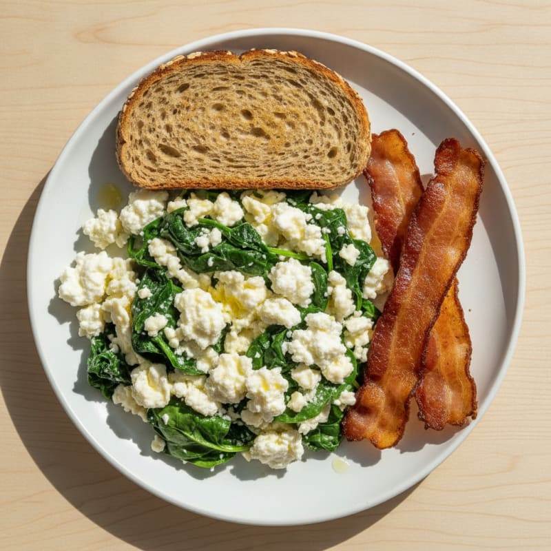 Egg White and Spinach Scramble with Cottage Cheese and Turkey Bacon