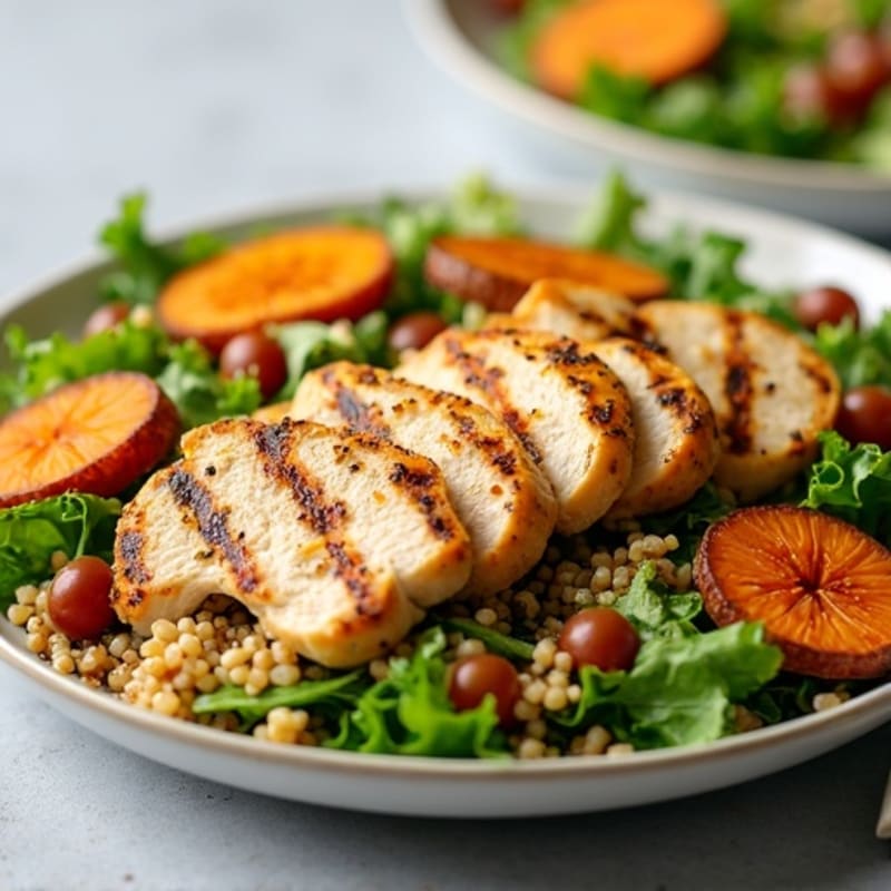 Grilled Chicken Breast Salad with Quinoa and Roasted Sweet Potatoes
