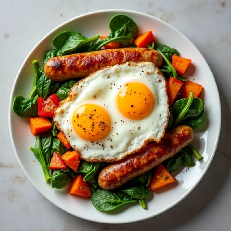 Crispy Sweet Potato Hash with Lean Turkey Sausage and Eggs