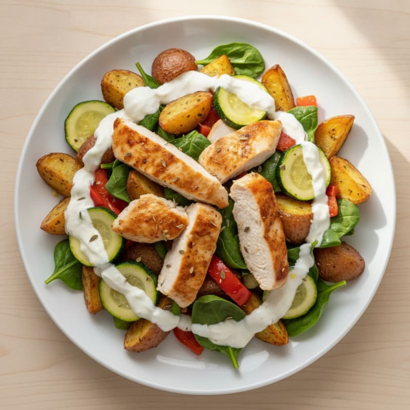Chicken Breast Salad with Roasted Potatoes and Mixed Veggies