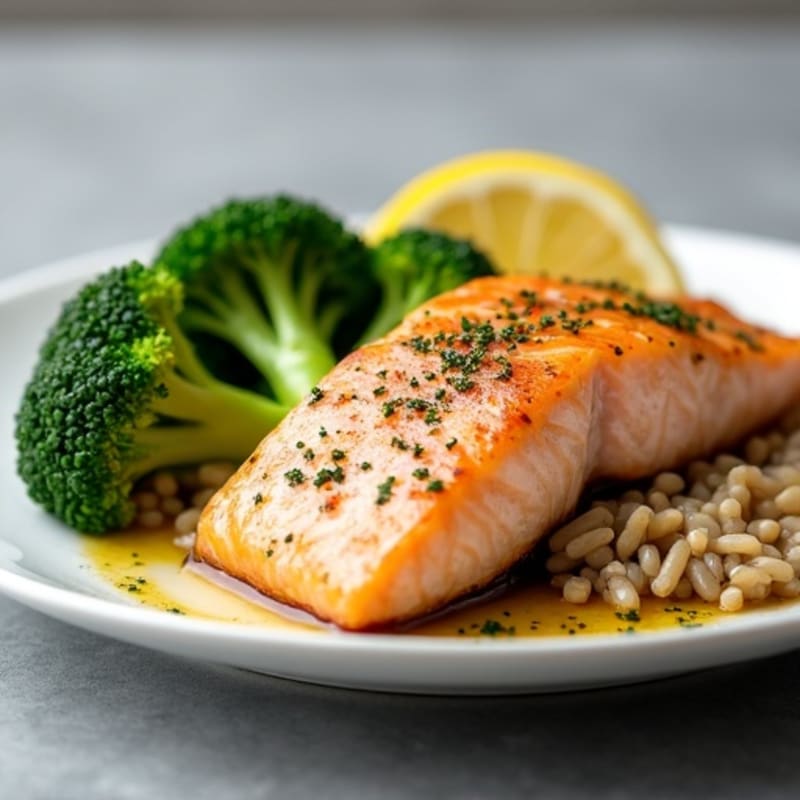 Seared Salmon with Steamed Broccoli and Brown Rice