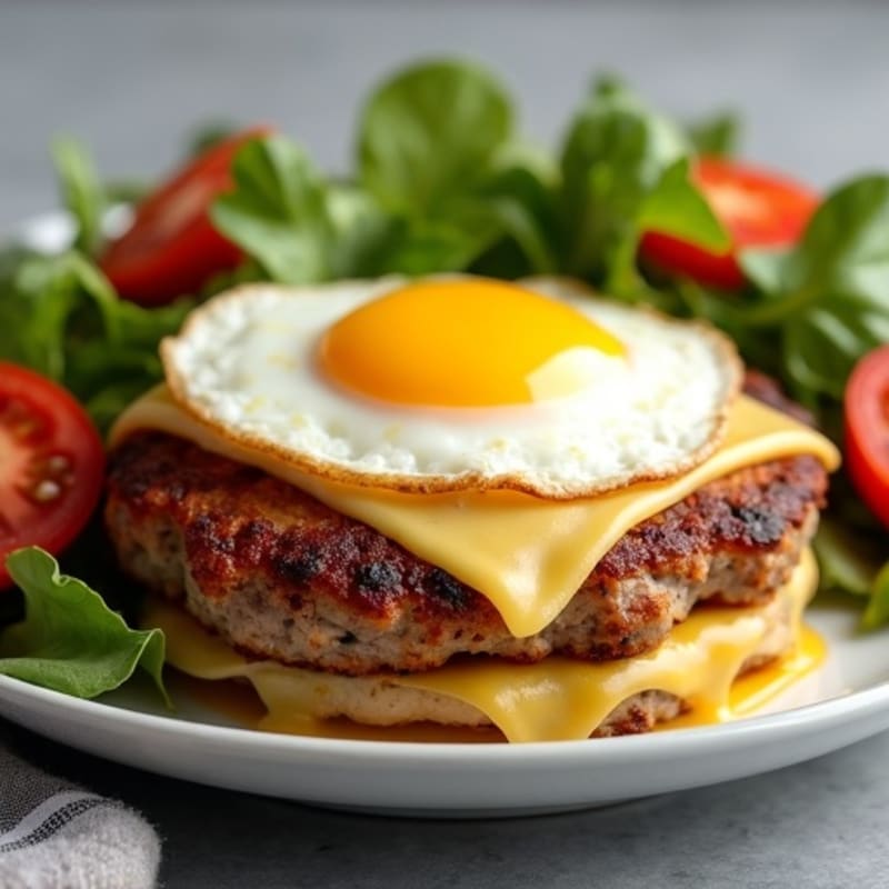 Crispy Beef Patty with Sunny-Side Up Egg, Fresh Green Salad, and Melted Cheddar