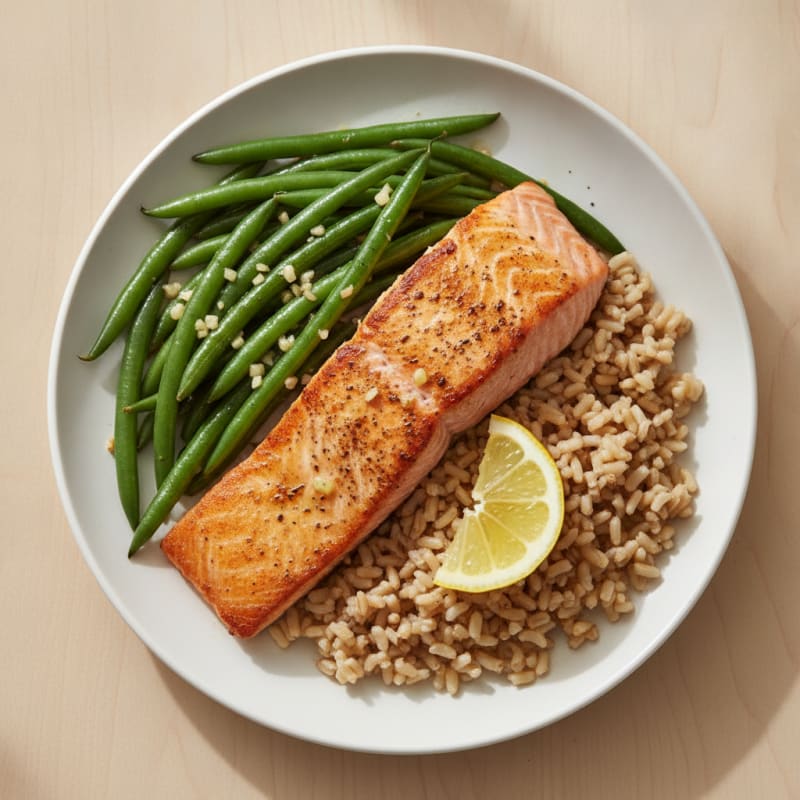 Seared Salmon with Garlic Green Beans and Brown Rice
