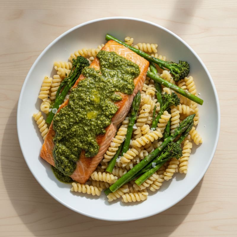 Pesto Salmon with Roasted Asparagus and Broccolini
