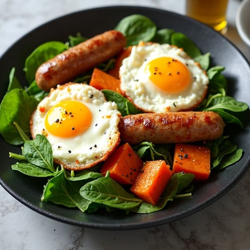 Lean Turkey Sausage and Egg Skillet with Crispy Sweet Potatoes and Fresh Greens