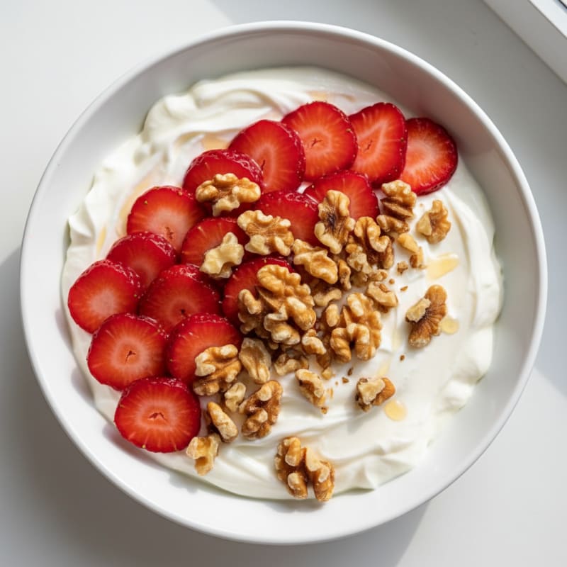 Creamy Greek Yogurt with Protein Powder and Sliced Strawberries