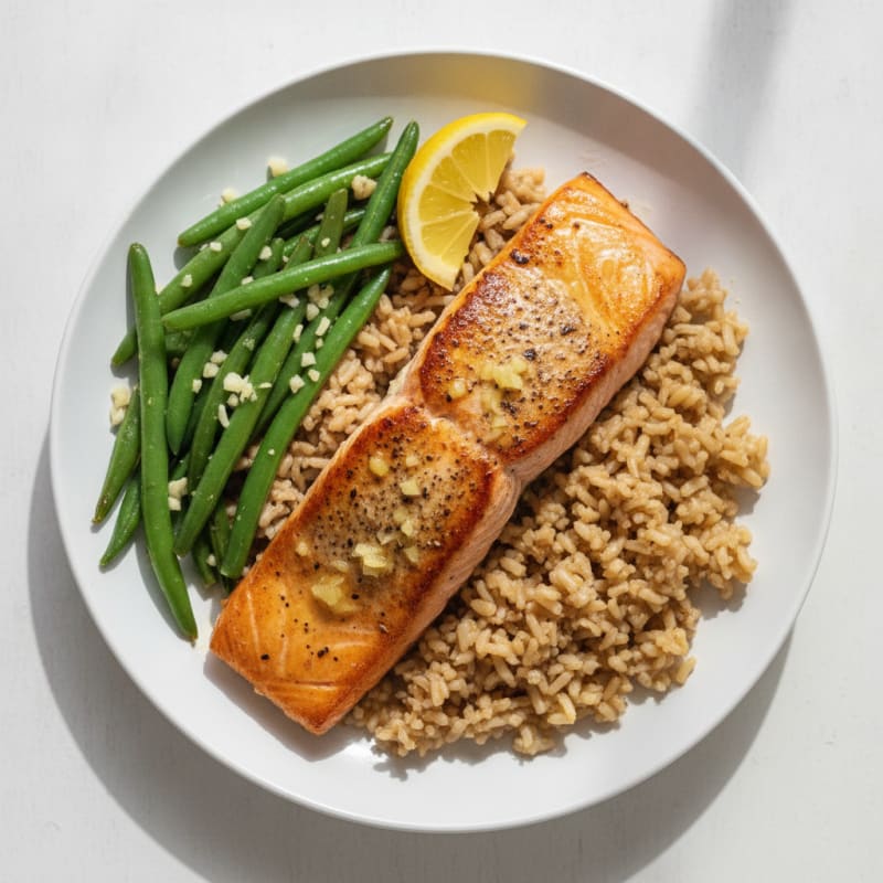 Seared Salmon with Garlic Green Beans and Brown Rice