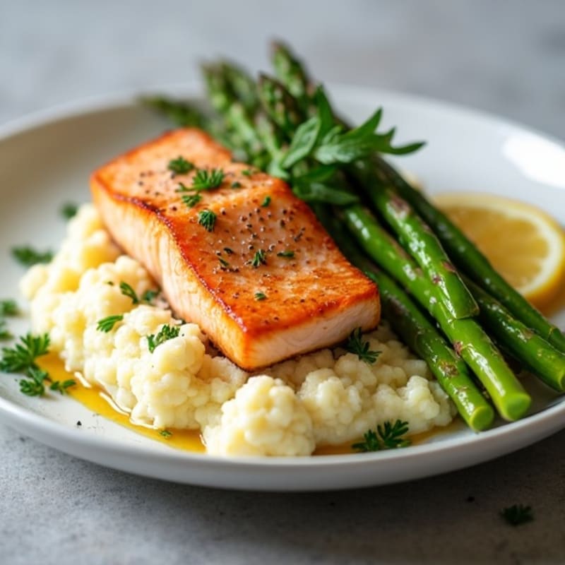 Seared Salmon with Steamed Asparagus and Cauliflower Mash
