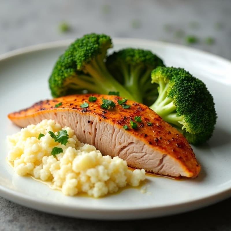 Seared Turkey Breast with Roasted Broccoli and Garlic Mash